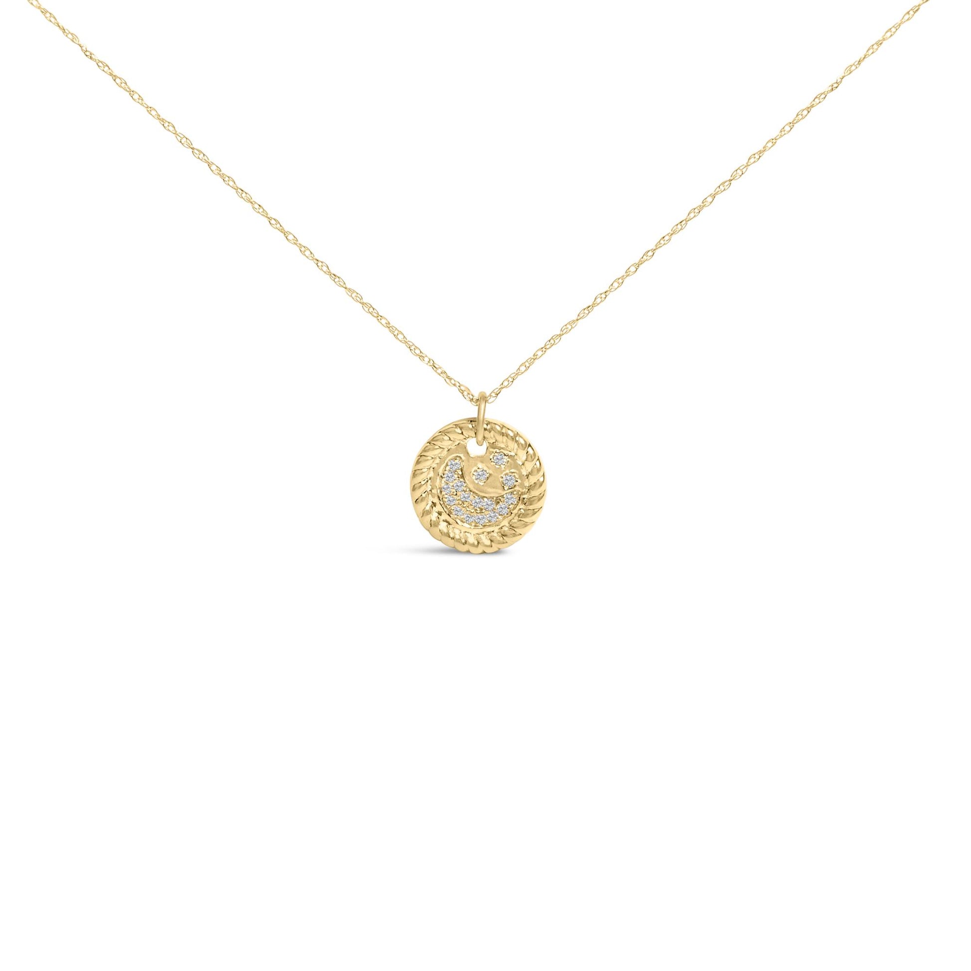 Front view of a yellow metal necklace with a circular pendant featuring a twisted rope design and cluster of small round white gemstones in prong settings.