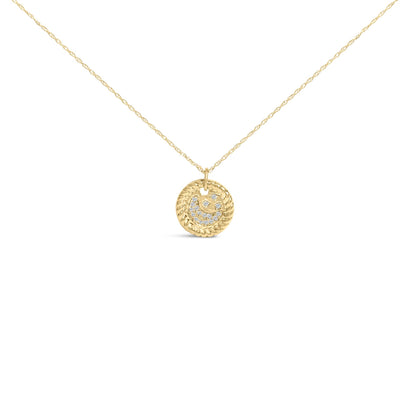 Front view of a yellow metal necklace with a circular pendant featuring a twisted rope design and cluster of small round white gemstones in prong settings.