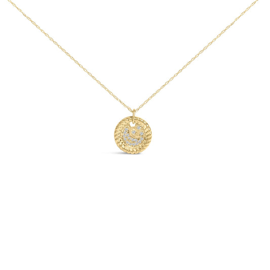 Front view of a yellow metal necklace with a circular pendant featuring a twisted rope design and cluster of small round white gemstones in prong settings.