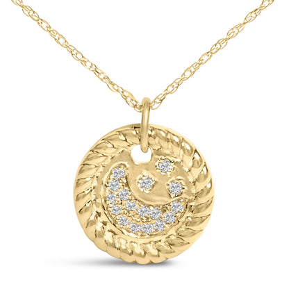 Close-up front view of a yellow metal round pendant necklace with a textured rope-like border and embedded round white gemstones in a prong setting forming a smiley face design.