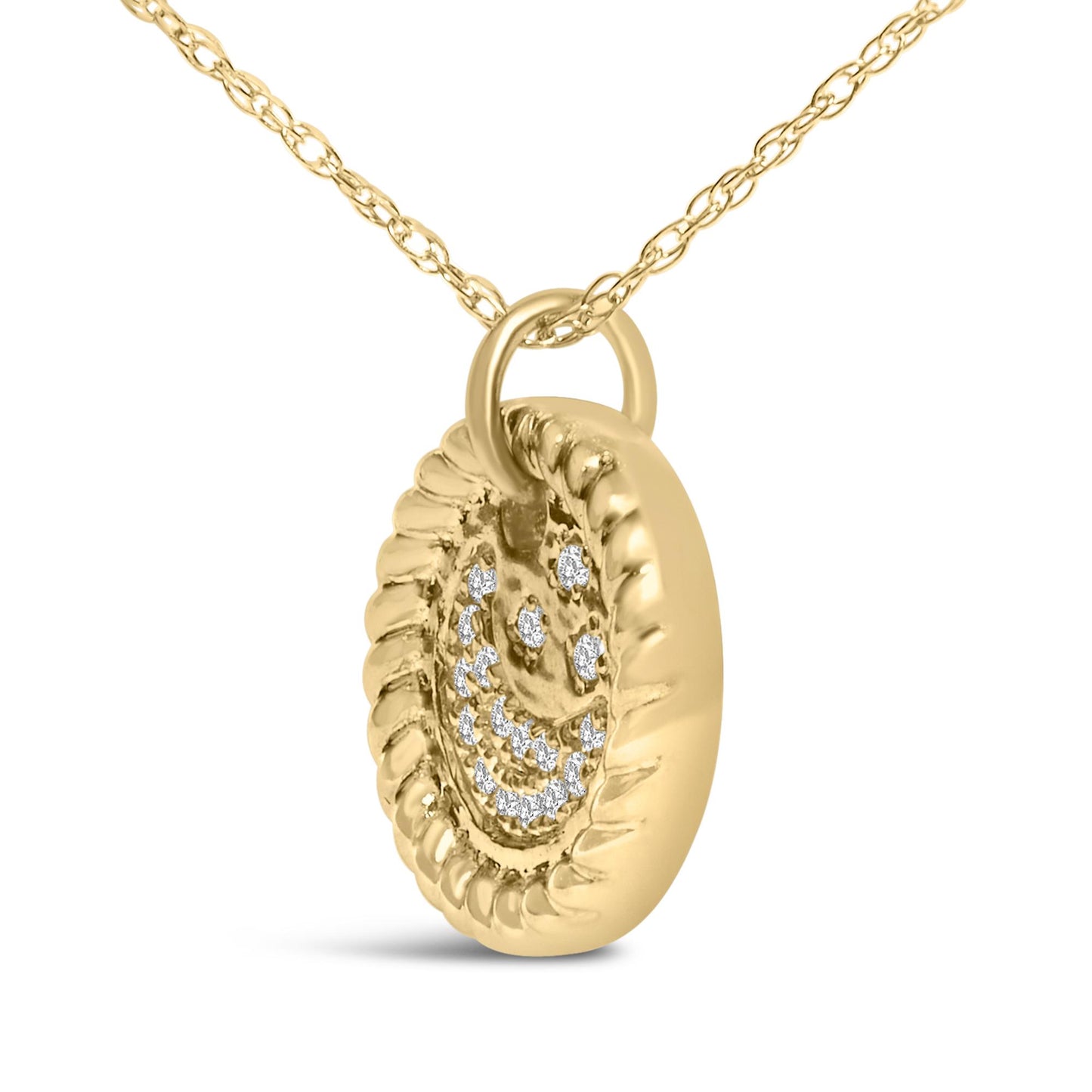 Close-up angled view of a round yellow metal pendant necklace with white round gemstones arranged in a smiley face pattern, hanging from a delicate yellow metal chain.
