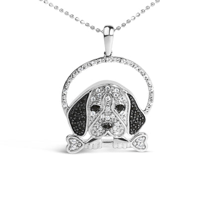 Front-facing shot of a white necklace pendant designed as a dog's face. The pendant features round white and black gemstones in micro-pave and prong settings, with a heart-shaped bone detail at the bottom.