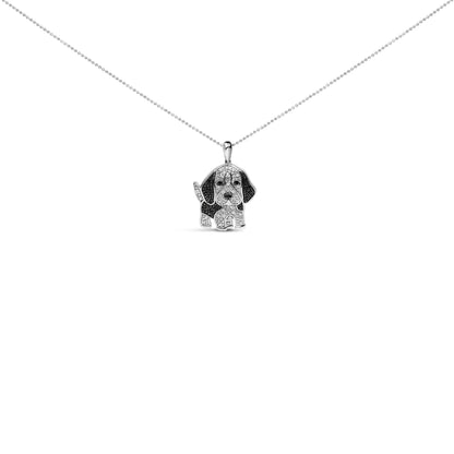 Front view of a white metal necklace with a dog-shaped pendant adorned with white and black round micro-pave set gemstones on a ball chain.