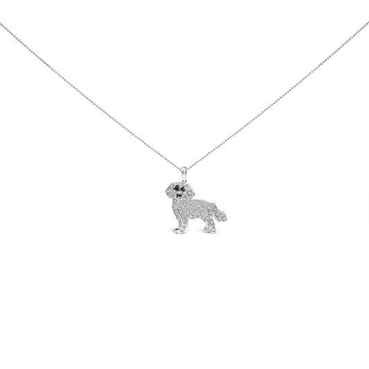 White metal necklace with a dog-shaped pendant featuring white and black micro-pave set round gemstones, shown from a front angle on a white background.