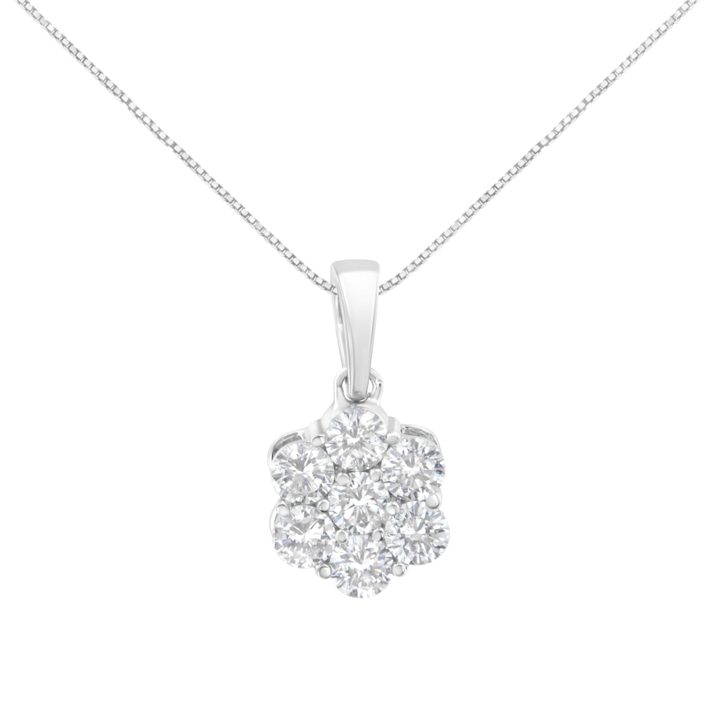 Front view of a white metal necklace with a flower-shaped pendant featuring round white gemstones in prong settings.