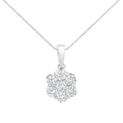 Front view of a white metal necklace with a flower-shaped pendant featuring round white gemstones in prong settings.