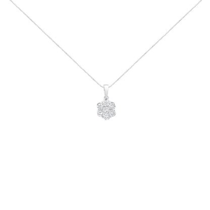Front-facing shot of a white metal necklace with a flower-shaped pendant featuring round white gemstones in prong settings.