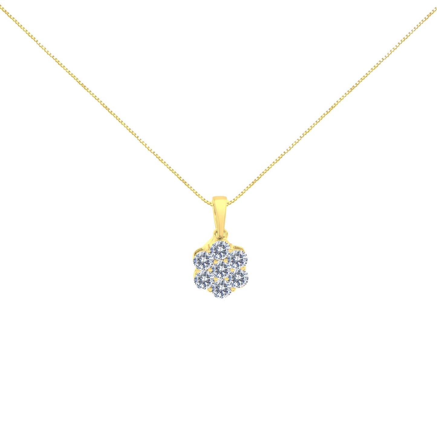 Front view of a yellow metal necklace with a pendant featuring a cluster of round white gemstones in prong settings.