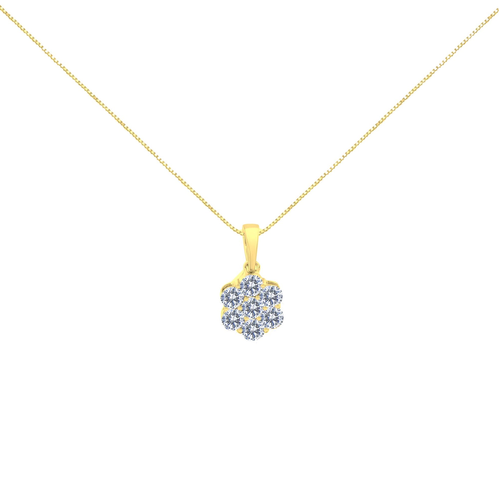 Front view of a yellow metal necklace with a pendant featuring a cluster of round white gemstones in prong settings.