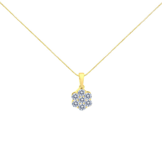 Front view of a yellow metal necklace with a pendant featuring a cluster of round white gemstones in prong settings.