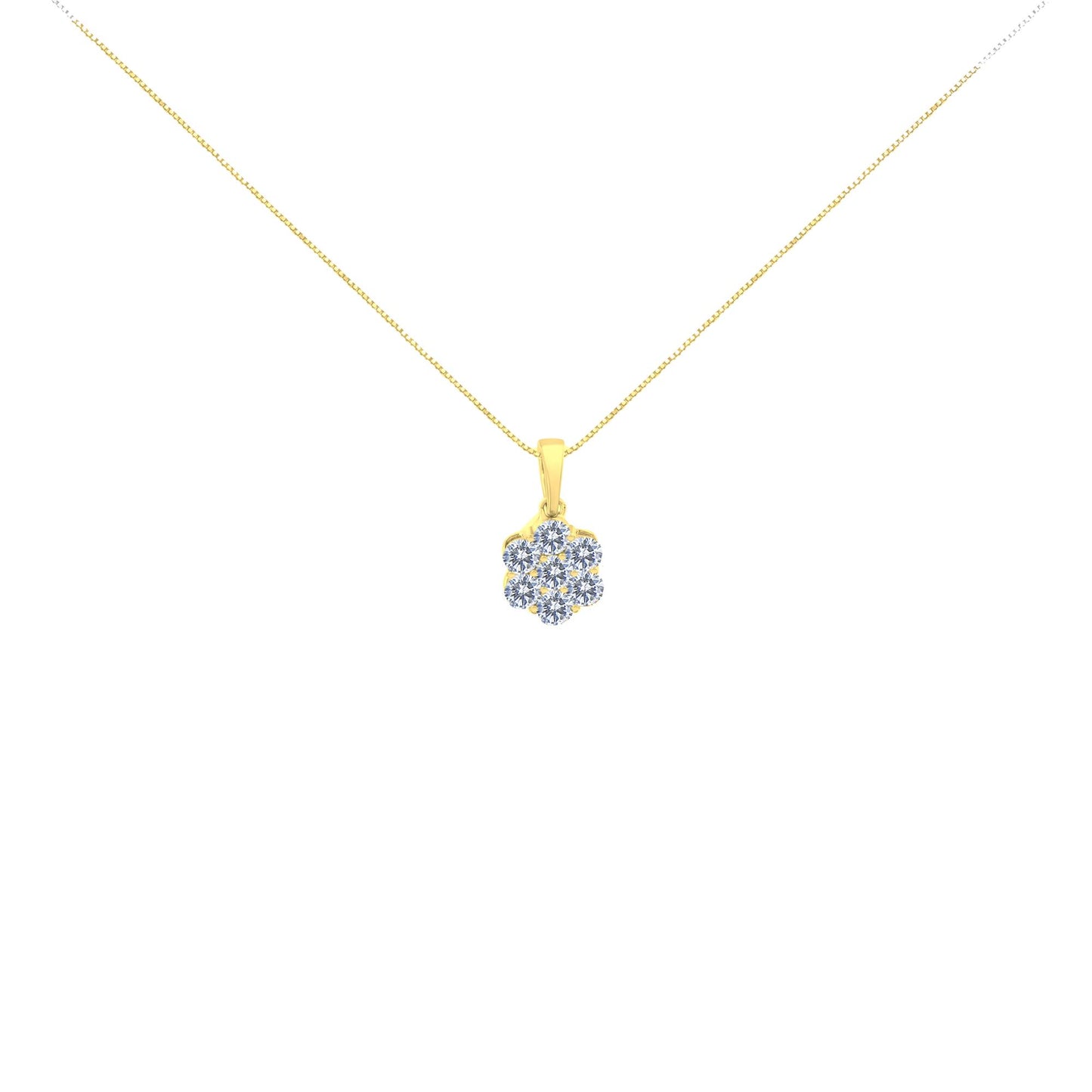 Front view of a yellow metal necklace with a pendant featuring seven round white gemstones in prong settings.