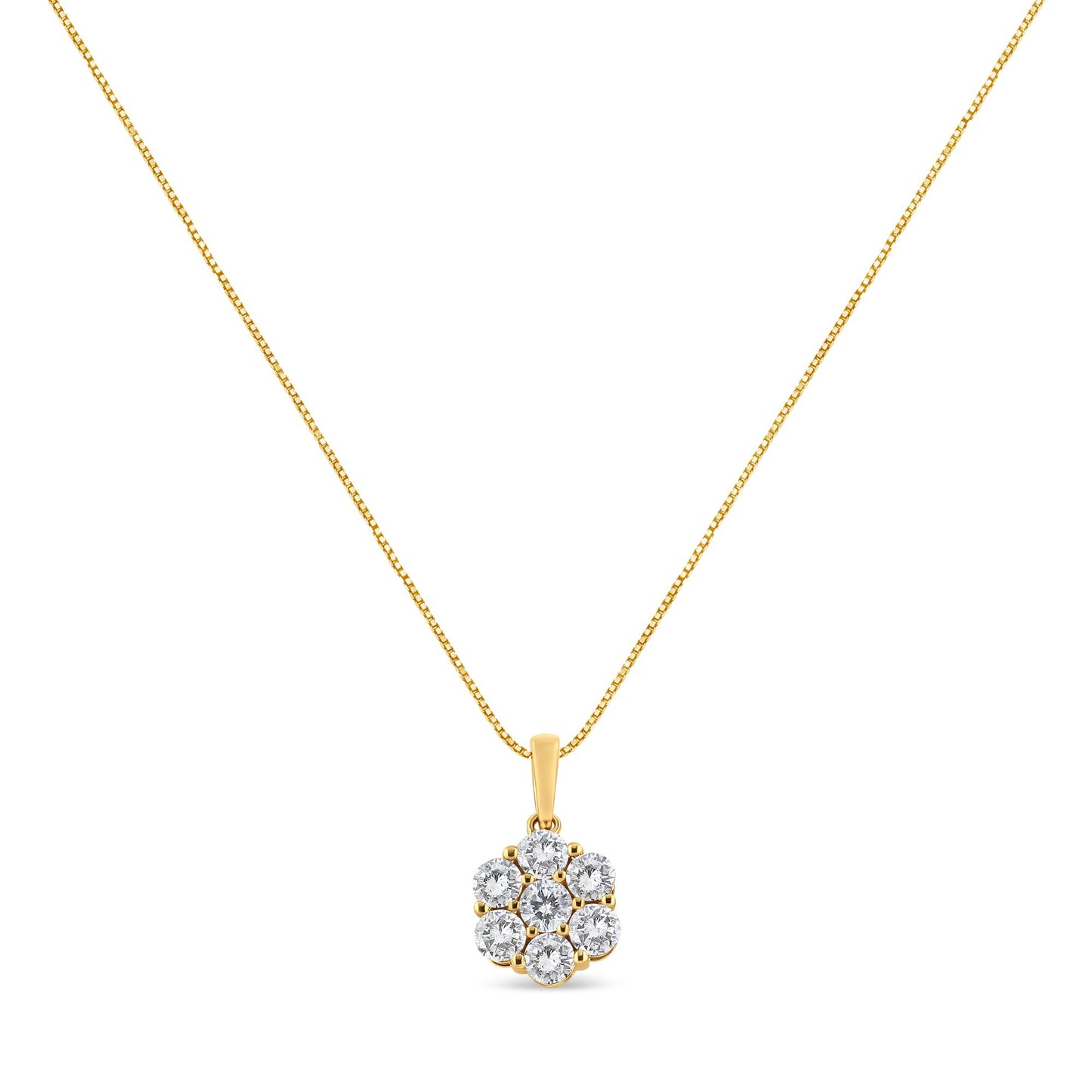 Front view of a yellow metal necklace with a pendant featuring seven round white gemstones in prong settings.