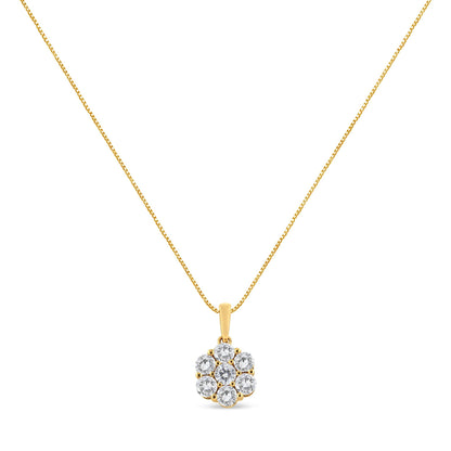 Front view of a yellow metal necklace with a pendant featuring seven round white gemstones in prong settings.