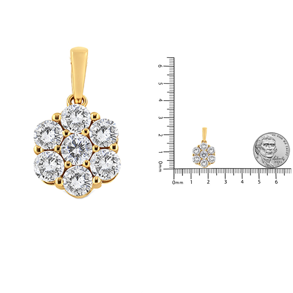 Yellow metal necklace pendant with a cluster of round white gemstones in prong settings, shown front facing and next to a ruler and coin for size reference.