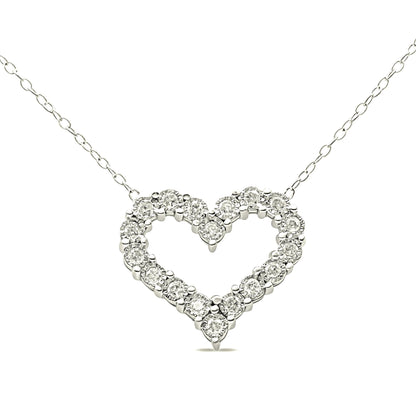Front-facing close-up of a white metal heart-shaped necklace pendant set with round white gemstones in prong settings, suspended on a delicate chain.