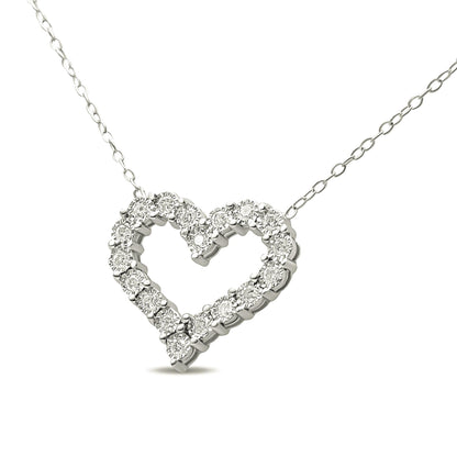 White metal heart-shaped necklace pendant with round prong-set white gemstones, front angle.