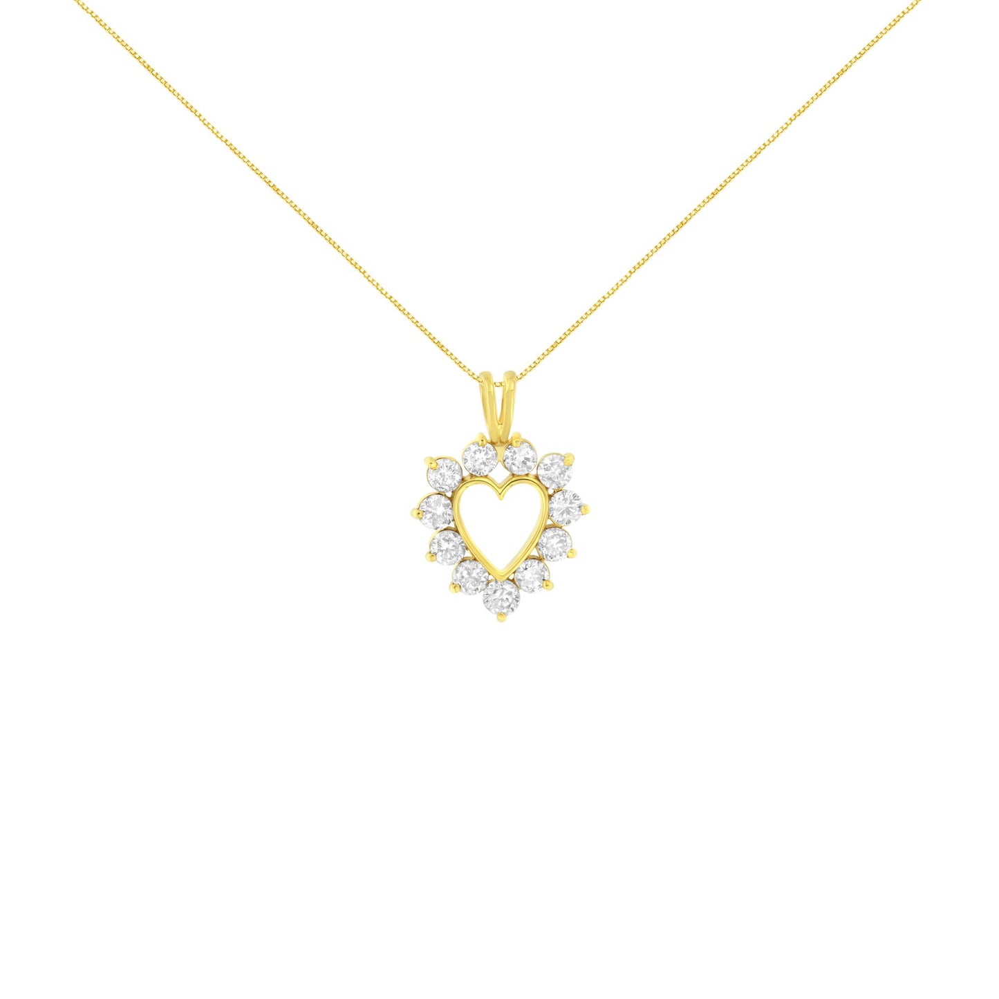 Front view of yellow necklace with heart-shaped pendant surrounded by round prong-set brownish gemstones.