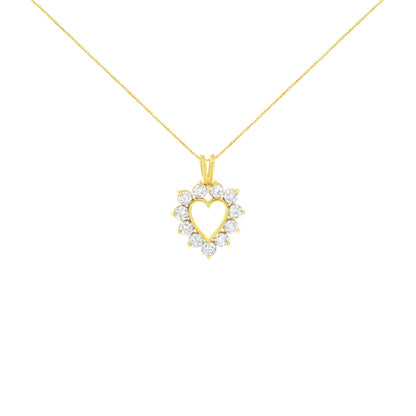 Front view of yellow necklace with heart-shaped pendant surrounded by round prong-set brownish gemstones.
