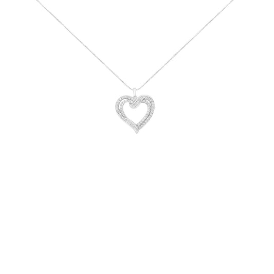Front view of a white metal heart-shaped necklace pendant with two rows of round white gemstones in prong settings, hanging from a delicate chain.