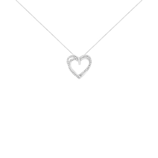 Front view of a white metal heart-shaped necklace pendant adorned with round white gemstones in prong settings on a fine chain.