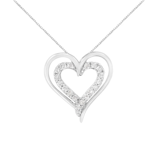 Front view of a white metal heart-shaped necklace pendant with inner heart outline set with round white gemstones in prong settings.