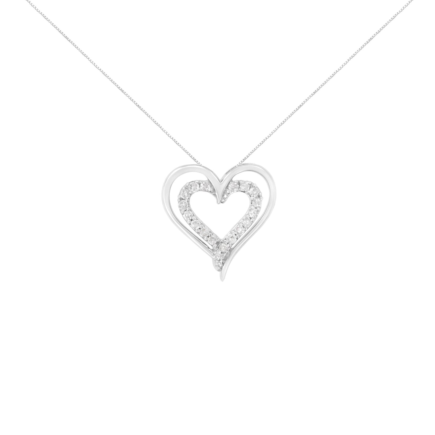 Front view of a white metal heart-shaped necklace pendant with round white gemstones in a prong setting along the inner edge, suspended on a delicate chain.