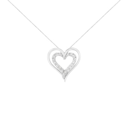 Front view of a white metal heart-shaped necklace pendant with round white gemstones in a prong setting along the inner edge, suspended on a delicate chain.