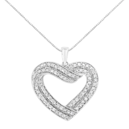 Front view of a white metal heart-shaped necklace pendant with multiple rows of round white gemstones in a prong setting on a white metal chain.