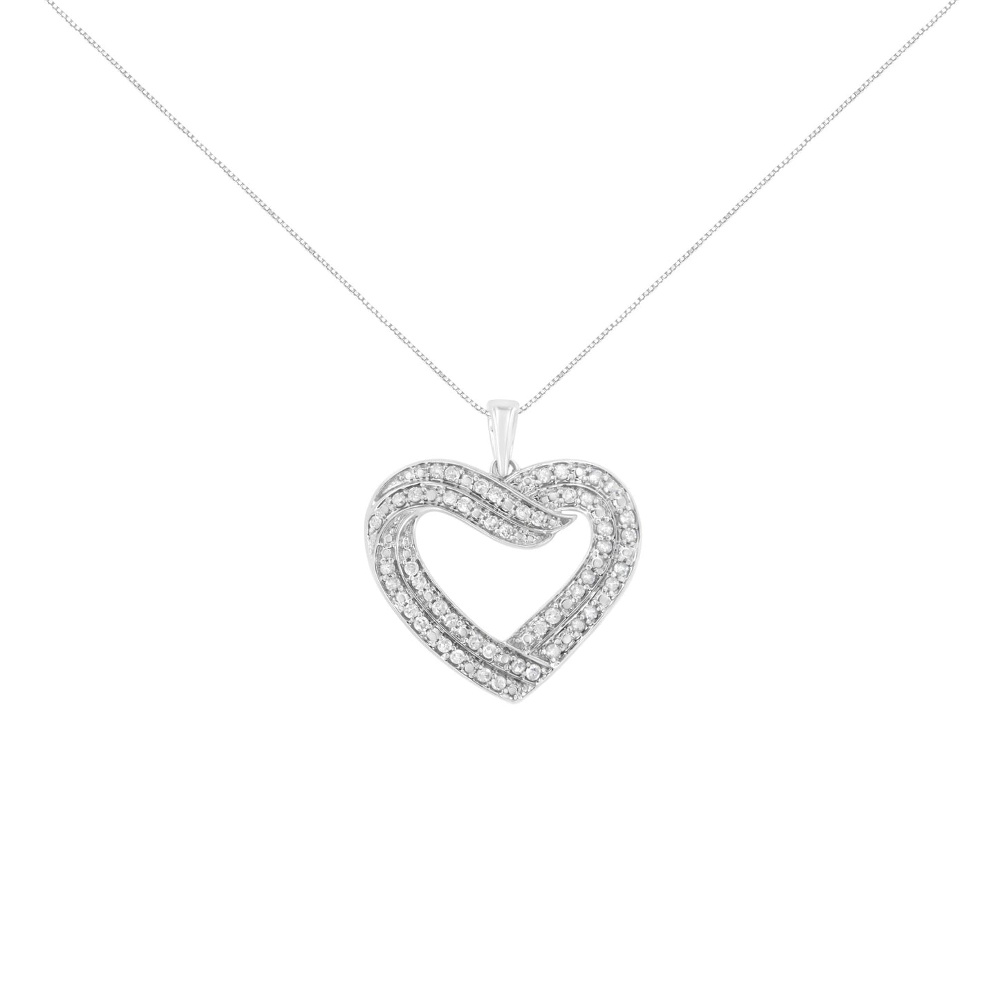 Front-facing shot of a white metal heart-shaped necklace pendant adorned with multiple round white gemstones in prong settings on a thin chain.