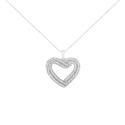 Front-facing shot of a white metal heart-shaped necklace pendant adorned with multiple round white gemstones in prong settings on a thin chain.