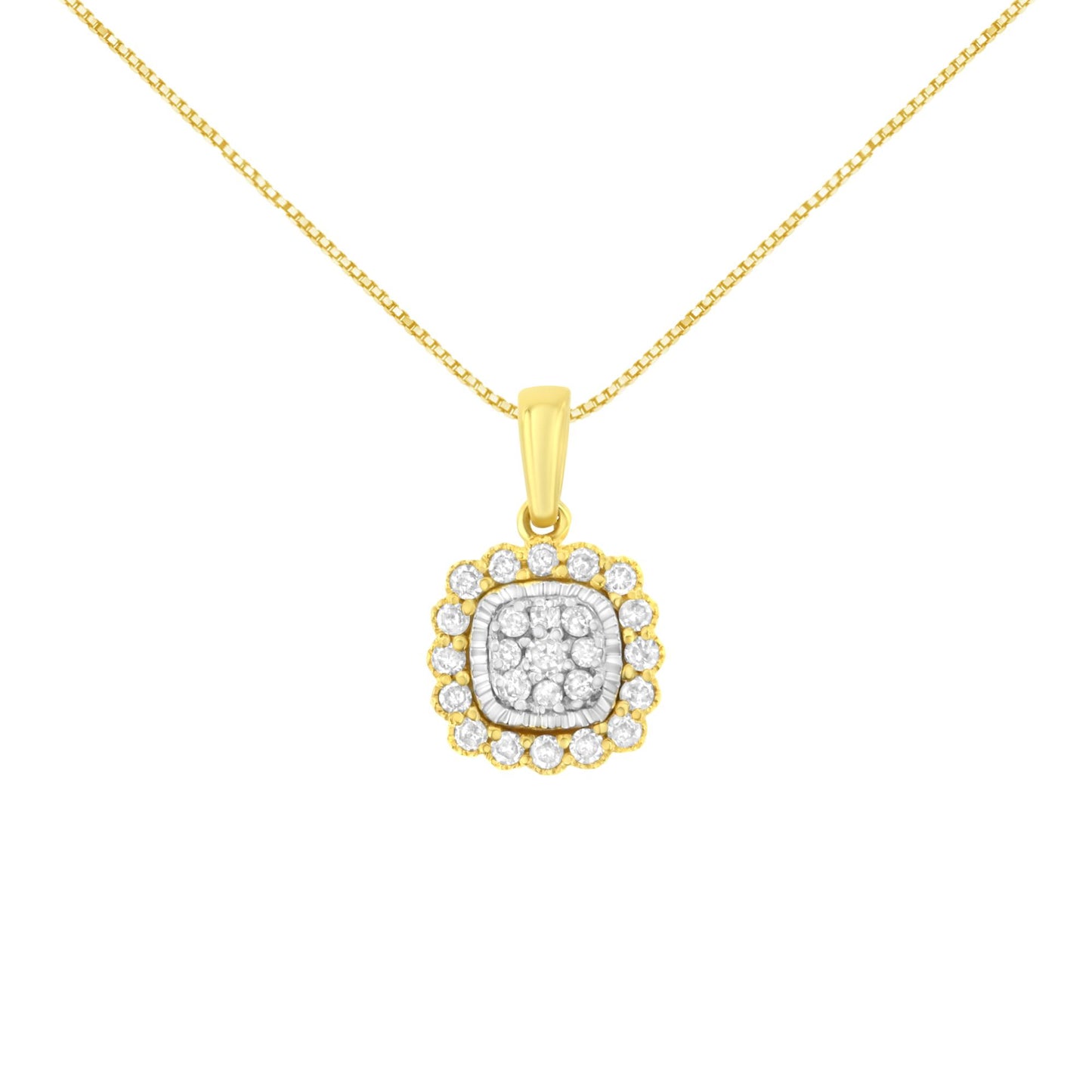 Front-facing shot of a yellow necklace with a square-shaped pendant surrounded by two rows of round white gemstones in prong settings.