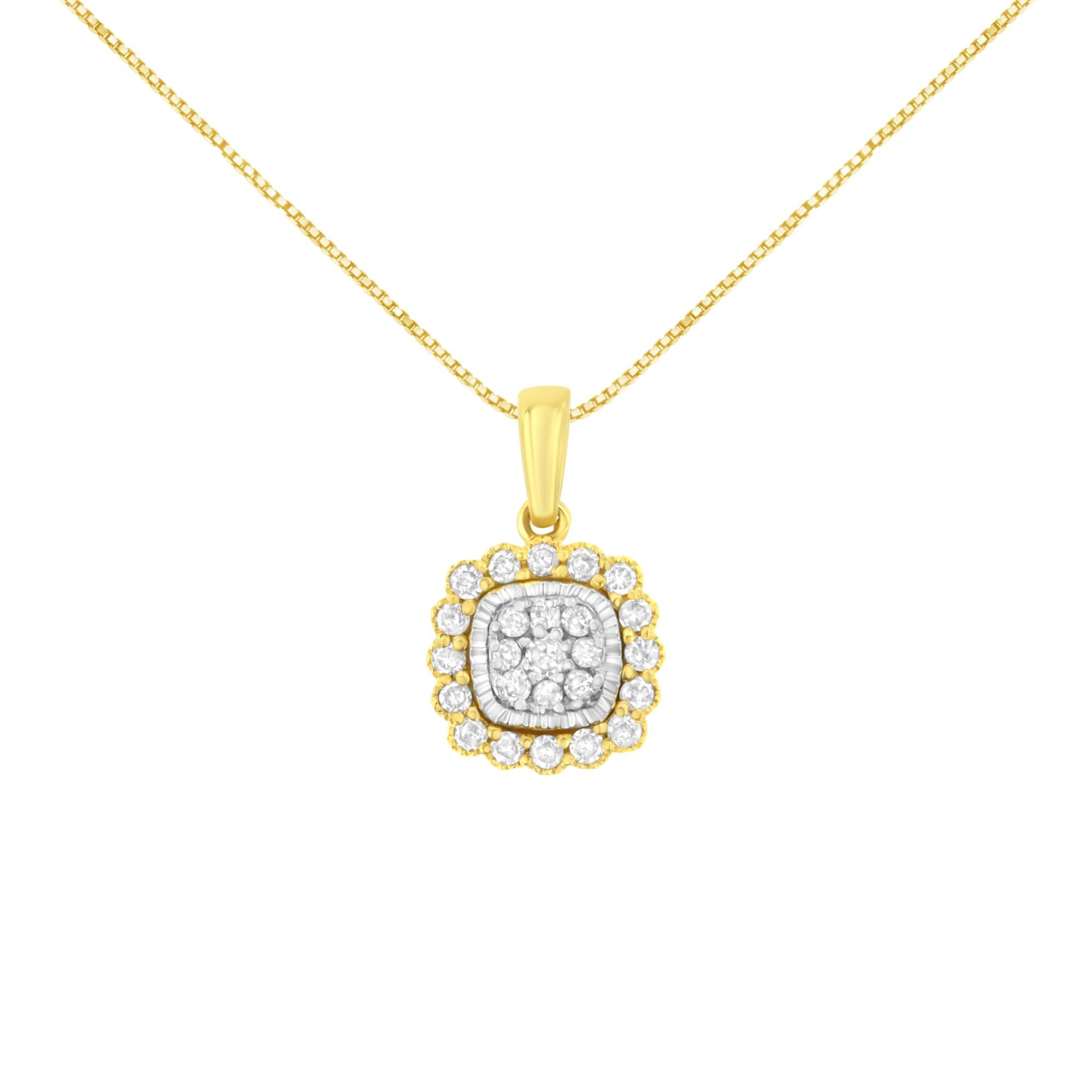 Front-facing shot of a yellow necklace with a square-shaped pendant surrounded by two rows of round white gemstones in prong settings.