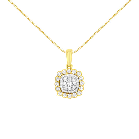 Front-facing shot of a yellow necklace with a square-shaped pendant surrounded by two rows of round white gemstones in prong settings.