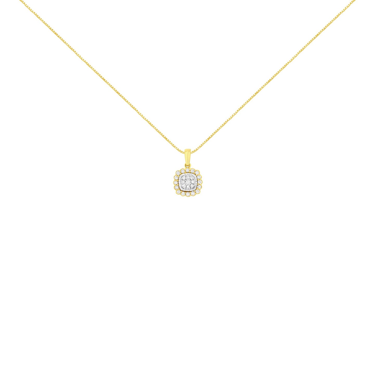 Front-facing shot of a yellow metal necklace with a square-shaped pendant featuring multiple round white gemstones in prong settings.