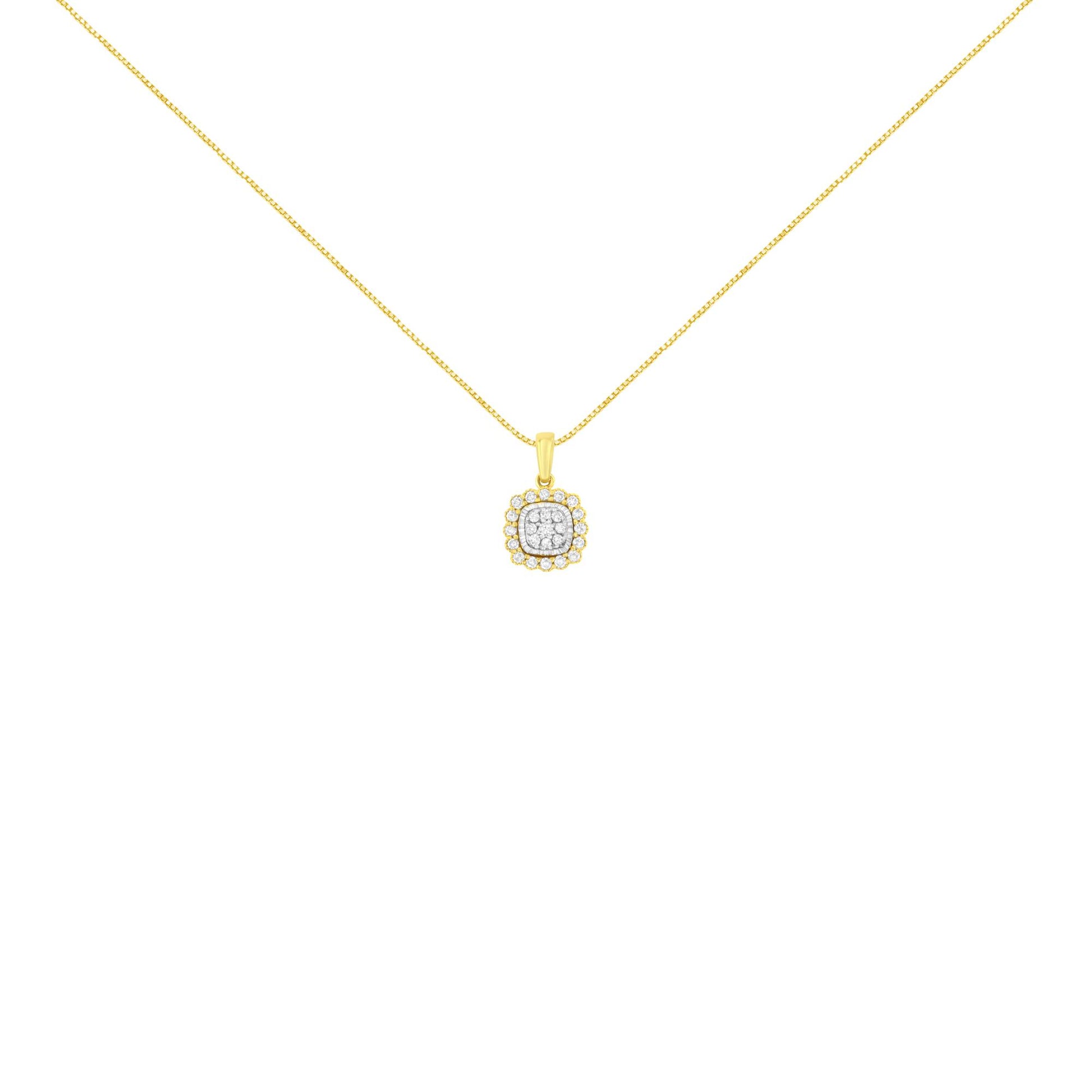 Front-facing shot of a yellow metal necklace with a square-shaped pendant featuring multiple round white gemstones in prong settings.
