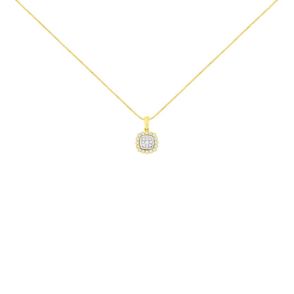 Front-facing shot of a yellow metal necklace with a square-shaped pendant featuring multiple round white gemstones in prong settings.