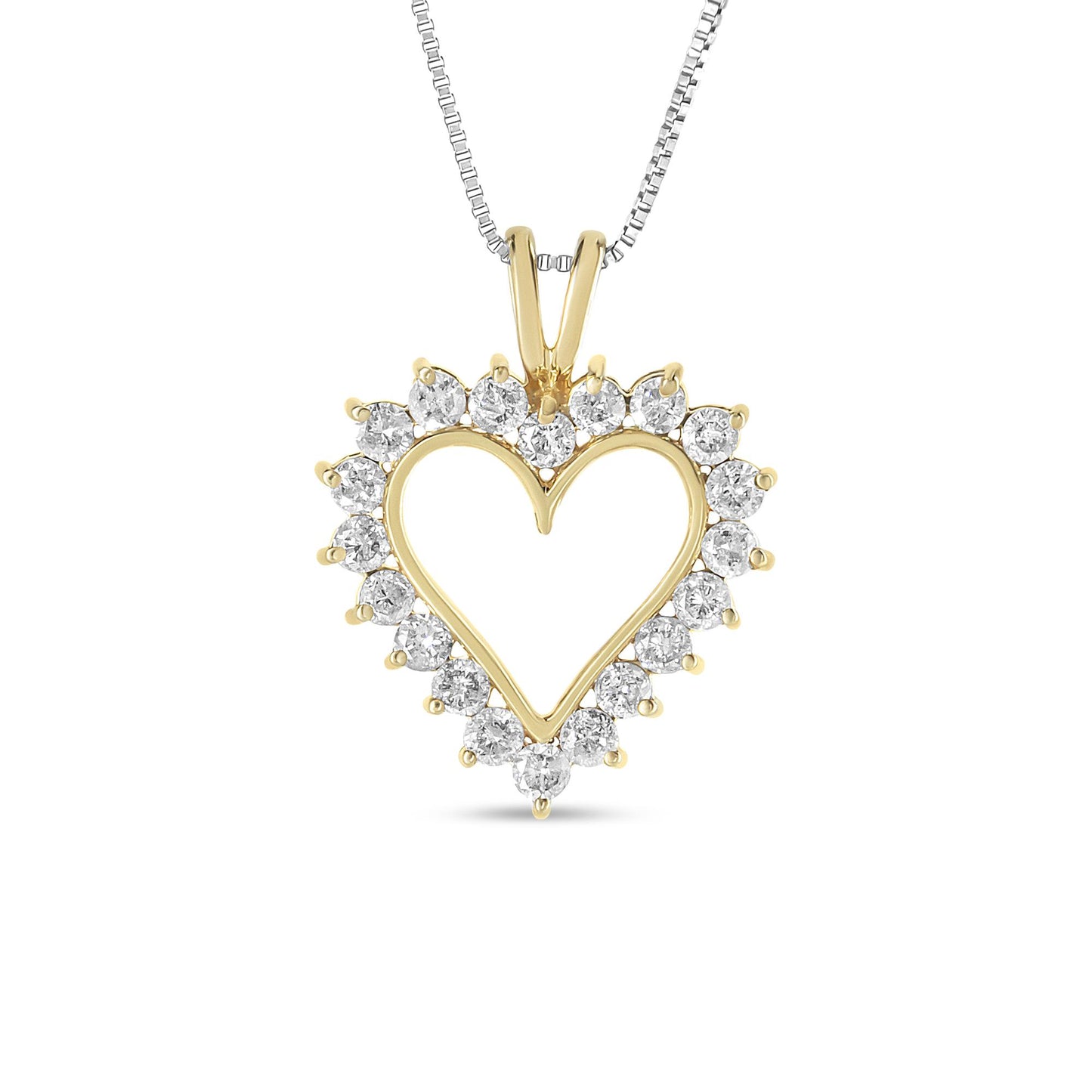 Front-facing shot of a yellow heart-shaped necklace pendant with round white gemstones in prong settings surrounding the heart outline.