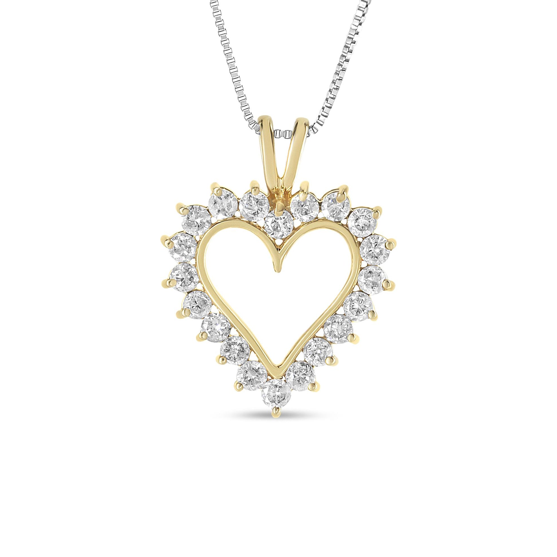 Front-facing shot of a yellow heart-shaped necklace pendant with round white gemstones in prong settings surrounding the heart outline.