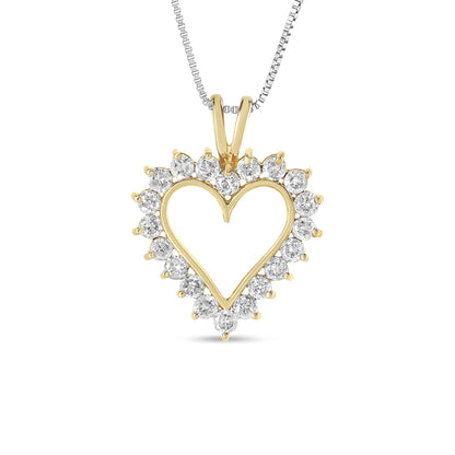 Front-facing shot of a yellow heart-shaped necklace pendant with round white gemstones in prong settings surrounding the heart outline.