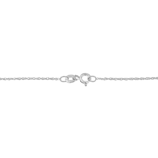Close-up front view of a white metal necklace clasp with a small, round white channel-set gemstone.