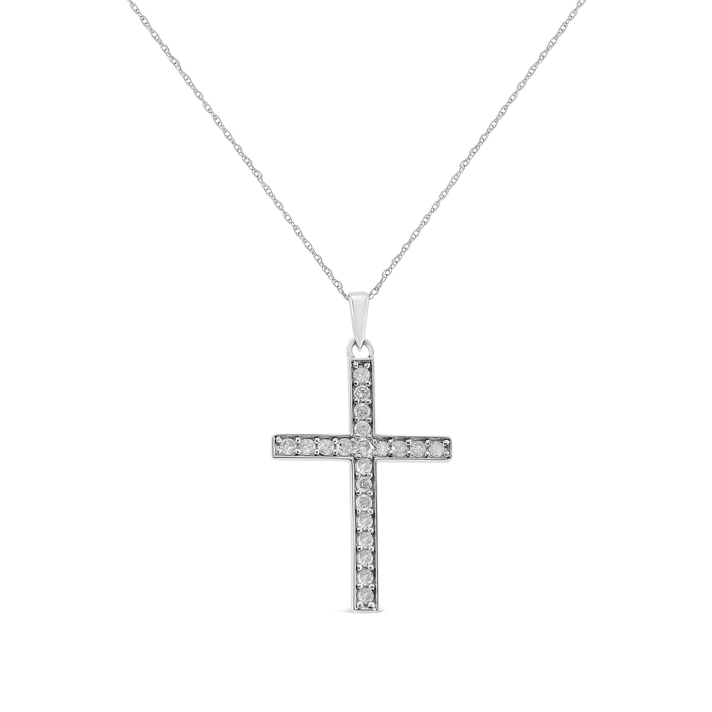 Front view of a white metal cross necklace pendant featuring round white gemstones in a channel setting, hanging from a delicate chain.
