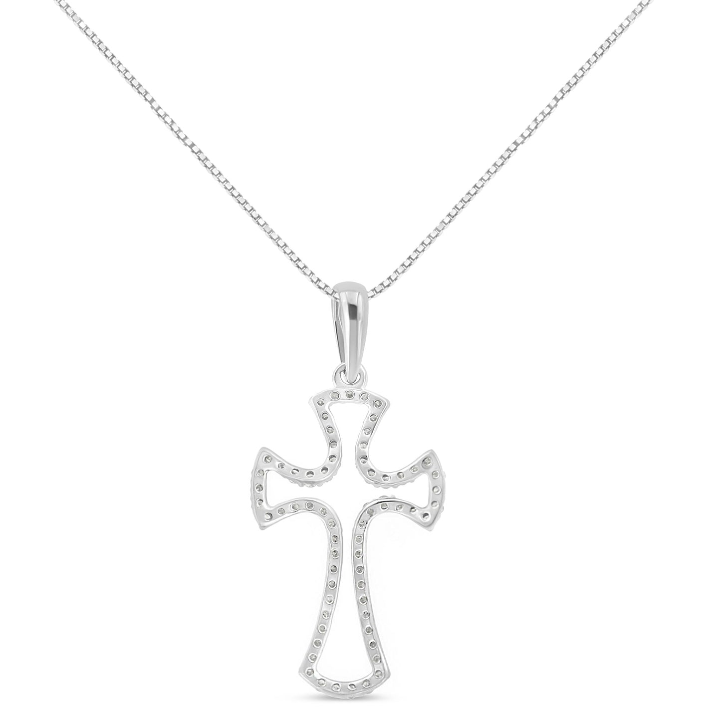 Front view of white metal cross-shaped necklace pendant with round white gemstones in prong setting along the edges, hanging from a white metal chain.