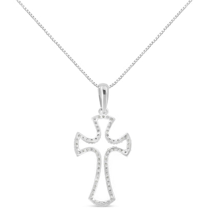 Front view of white metal cross-shaped necklace pendant with round white gemstones in prong setting along the edges, hanging from a white metal chain.