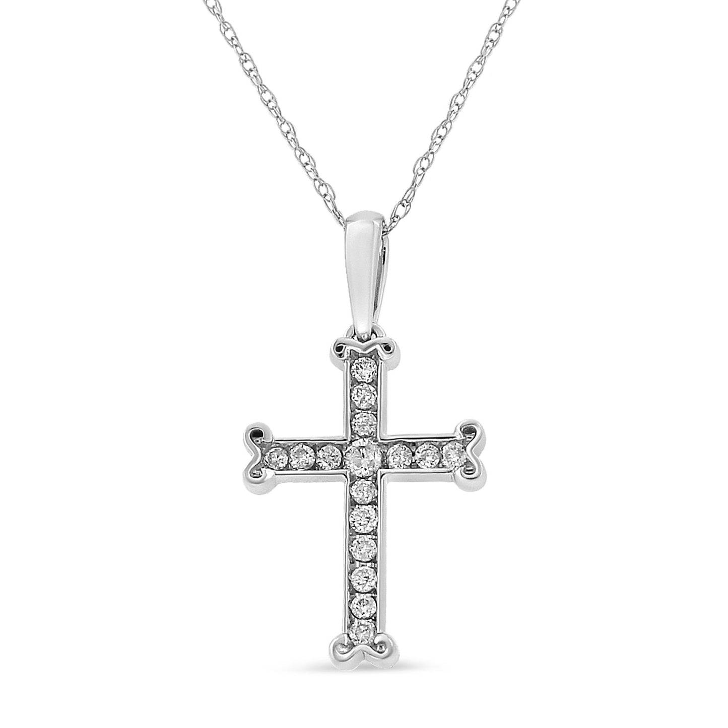 Front view of white necklace with cross pendant featuring round white gemstones in channel setting.