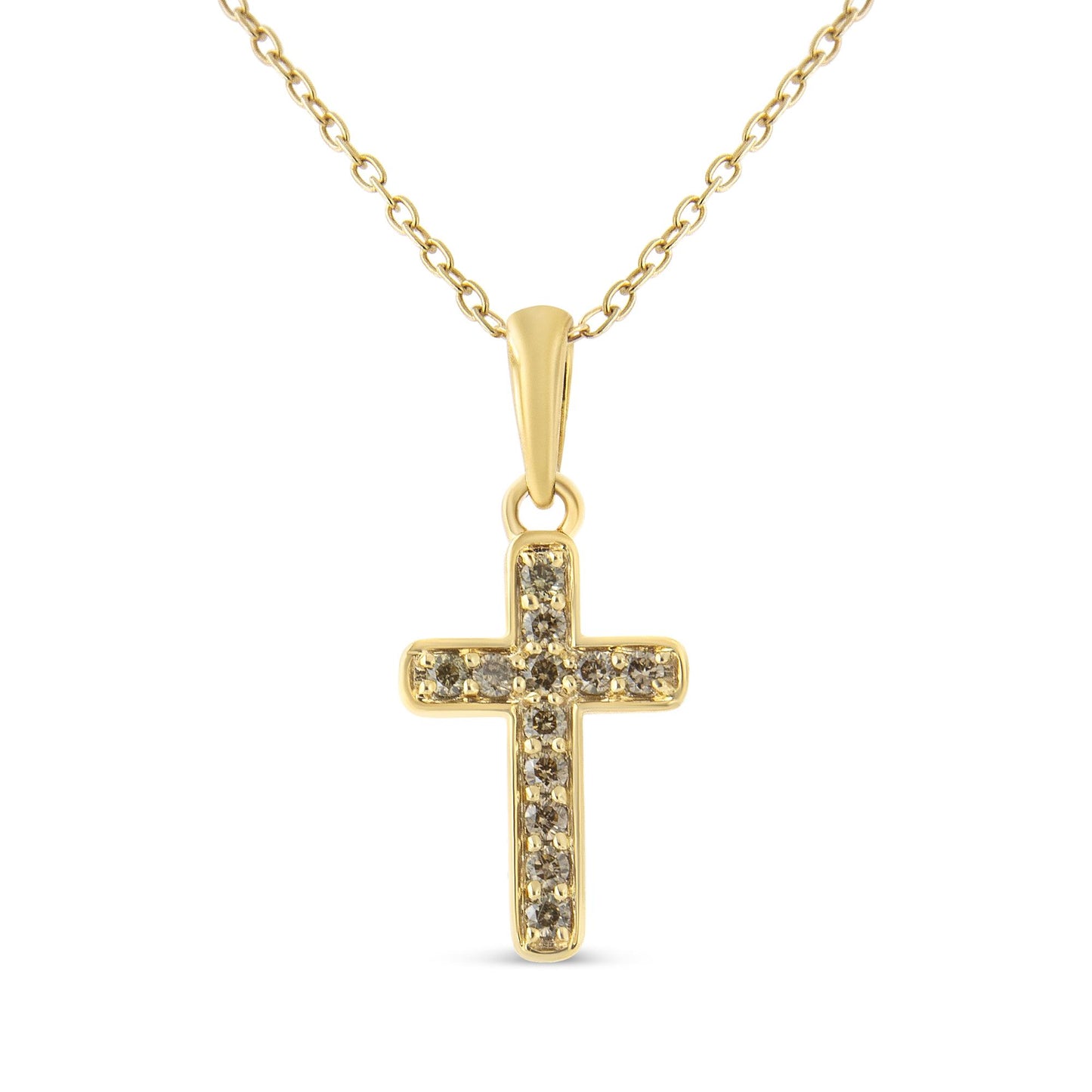 Front-facing shot of a yellow metal cross necklace pendant with multiple round brownish prong-set gemstones.