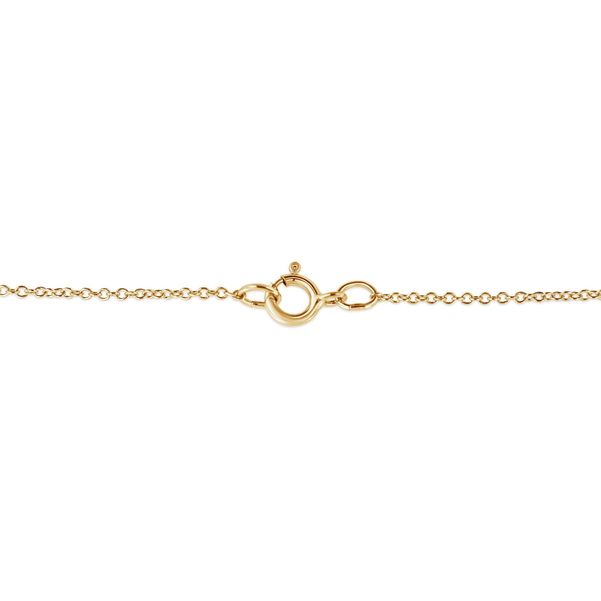 Close-up front angle of a yellow metal necklace chain clasp without visible gemstones.