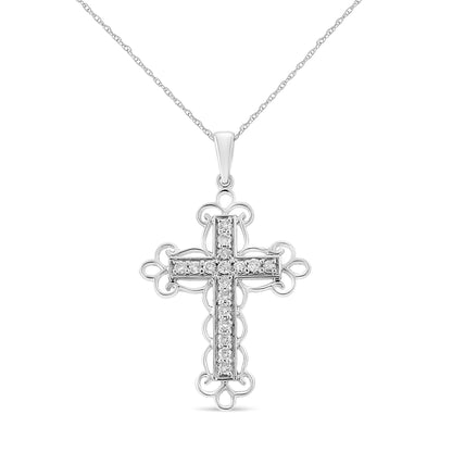 Front angled view of a white metal cross necklace pendant with prong-set round white gemstones on a chain.