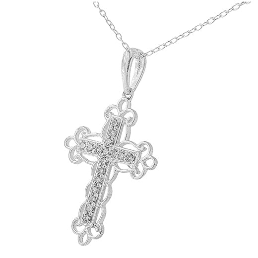 White metal necklace with a cross pendant featuring round white gemstones in prong settings, photographed at a slight angle.