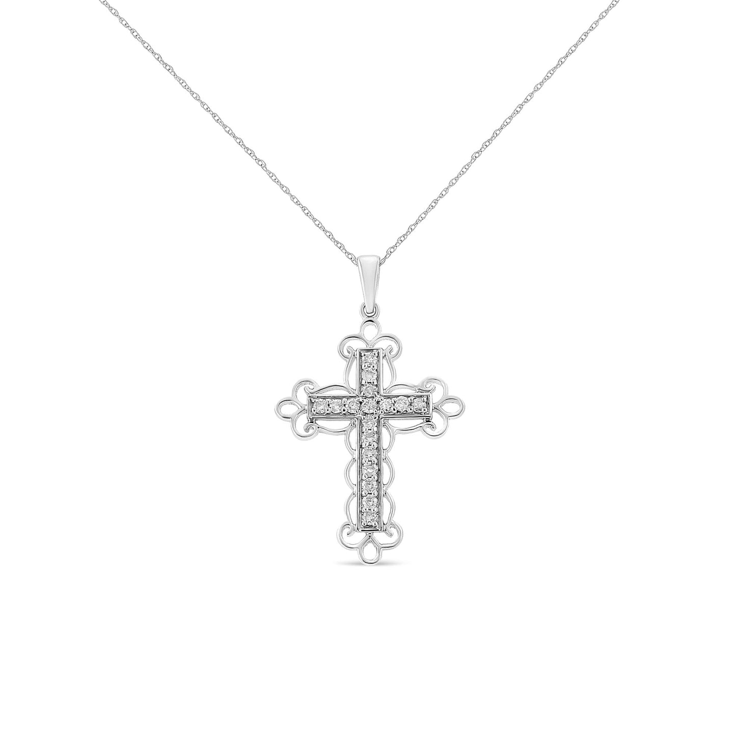 Front view of white metal cross necklace pendant set with round white gemstones in prong settings on a chain.