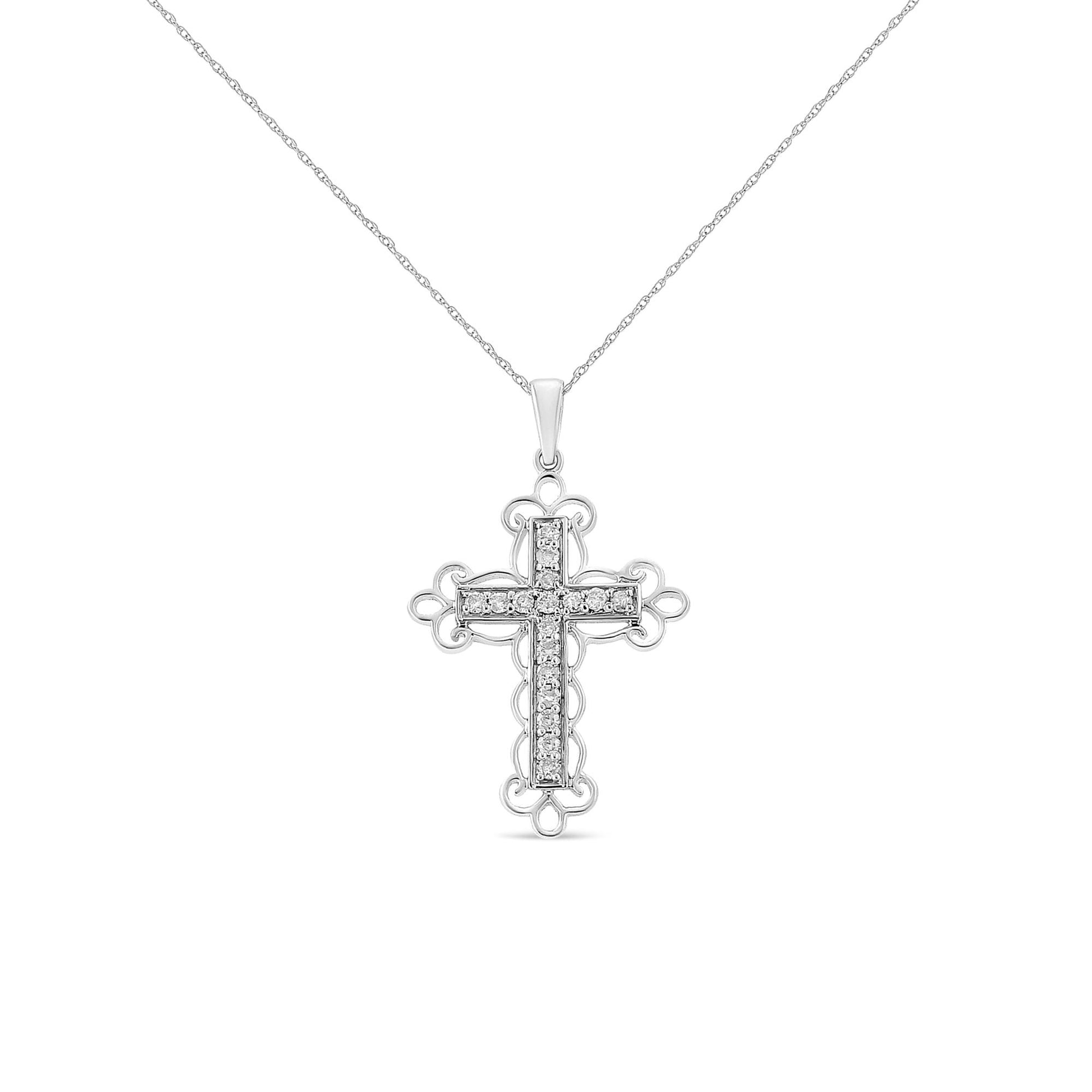Front view of white metal cross necklace pendant set with round white gemstones in prong settings on a chain.